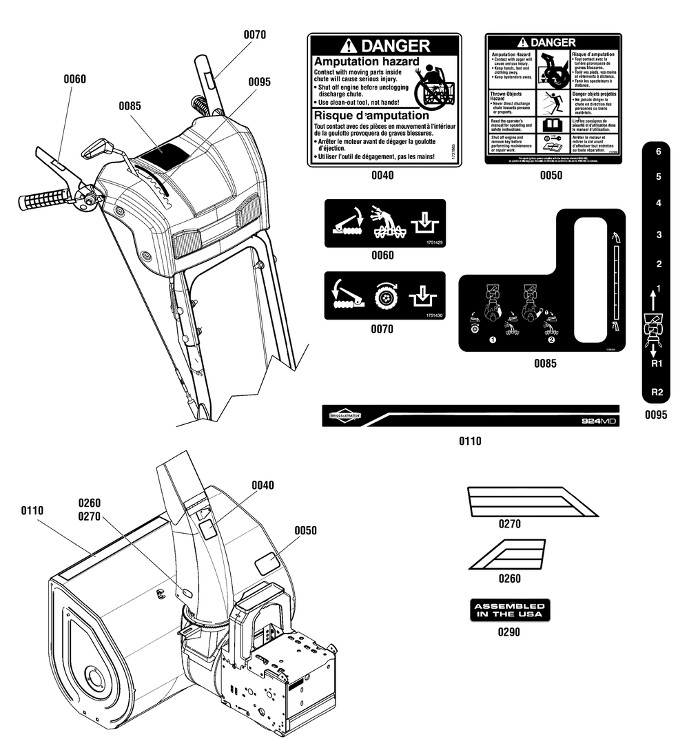 Decals Group Diagram and Parts List for 1696561-00-824LD 2015 Briggs and Stratton Snow Blower